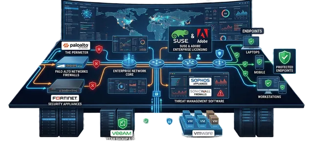 Zero-trust network architecture with firewalls and threat management