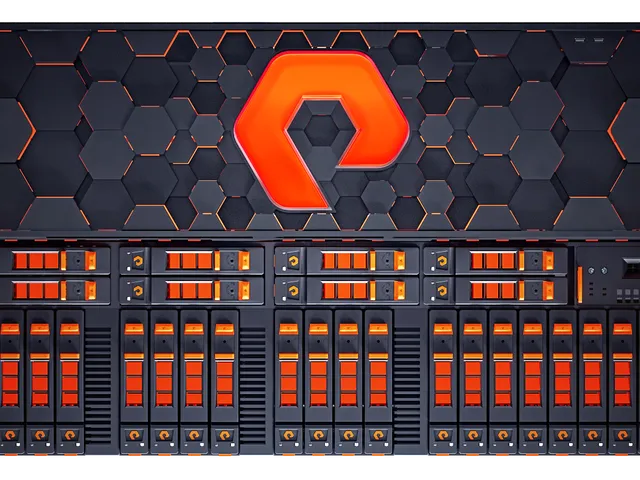 Pure Storage FlashArray detail with orange drive bays