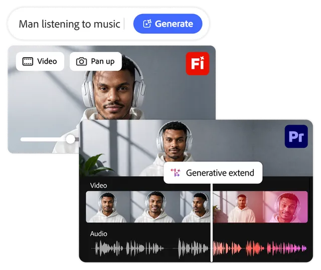 Adobe Firefly video generation and Generative Extend interface