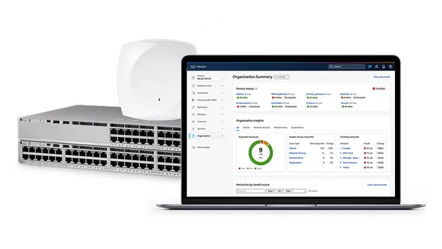 Cisco Catalyst switch and Meraki access point with cloud dashboard on laptop