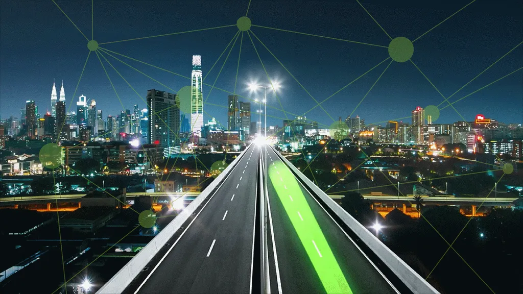 Night highway through a connected city representing AI-native routing