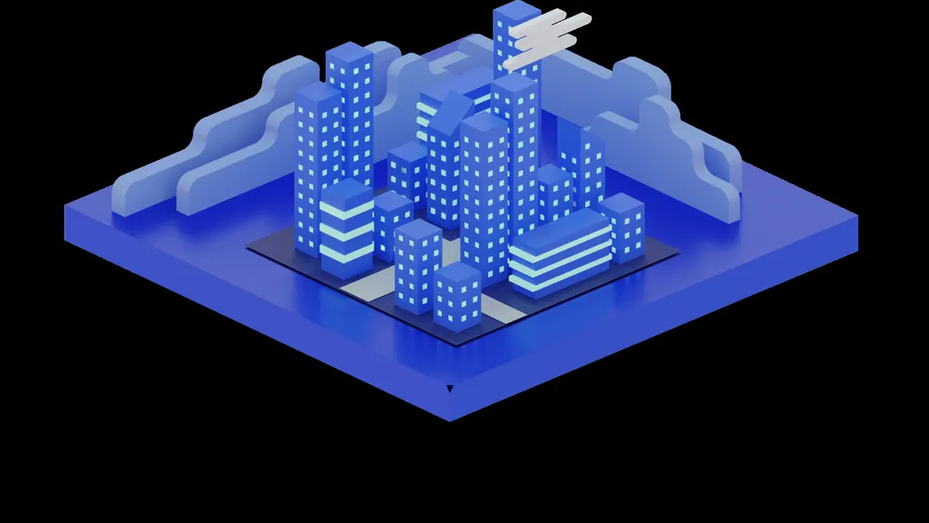 Isometric blue illustration of a Rancher-managed Kubernetes city
